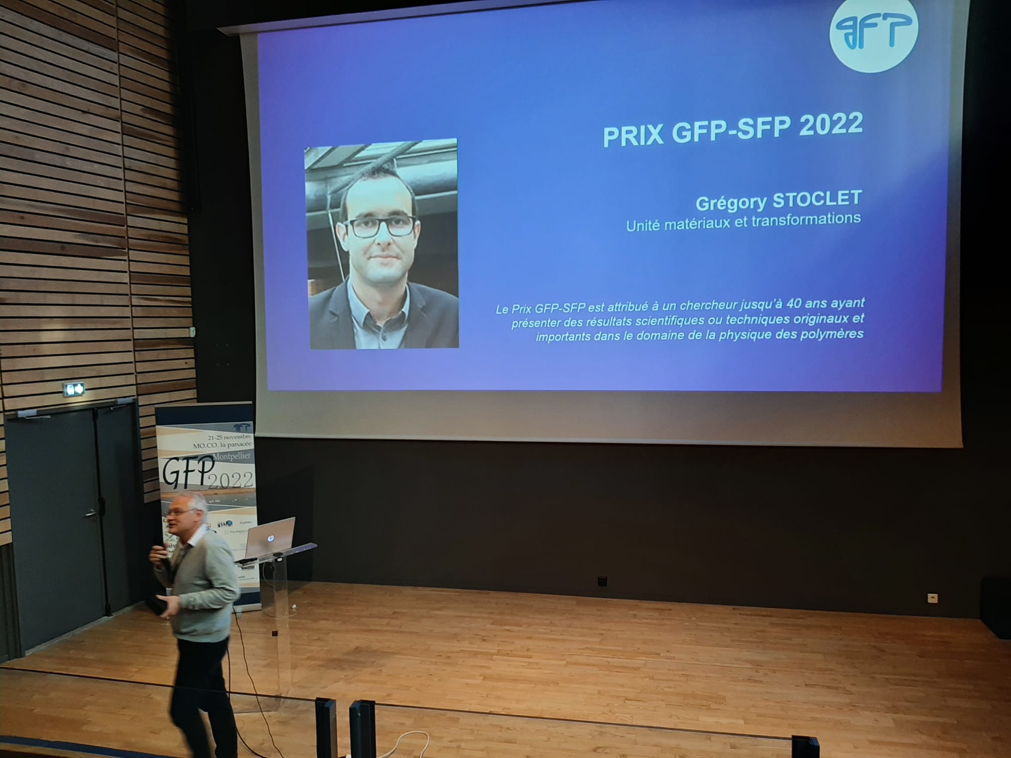 Grégory Stoclet a reçu le prix de la division du Groupe Français d'études et d'applications des Polymères (GFP), le 24 novembre, à l’occasion du 50ème colloque national du GFP.