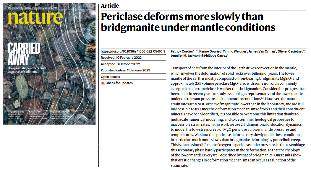 Periclase deforms more slowly than bridgmanite under mantle conditions. Une publication dans Nature par une équipe du laboratoire UMET à l'Université de Lille.