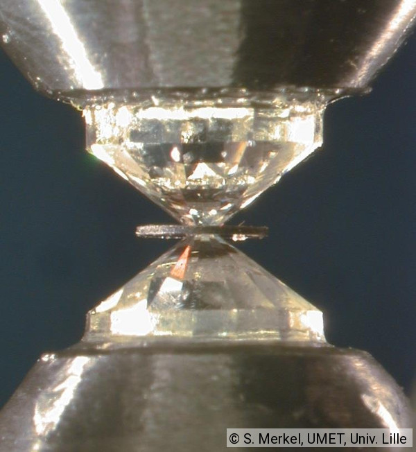 Montage de cellule diamant. L'échantillon est placé dans un joint, lui-même placé entre les pointes de deux diamants.